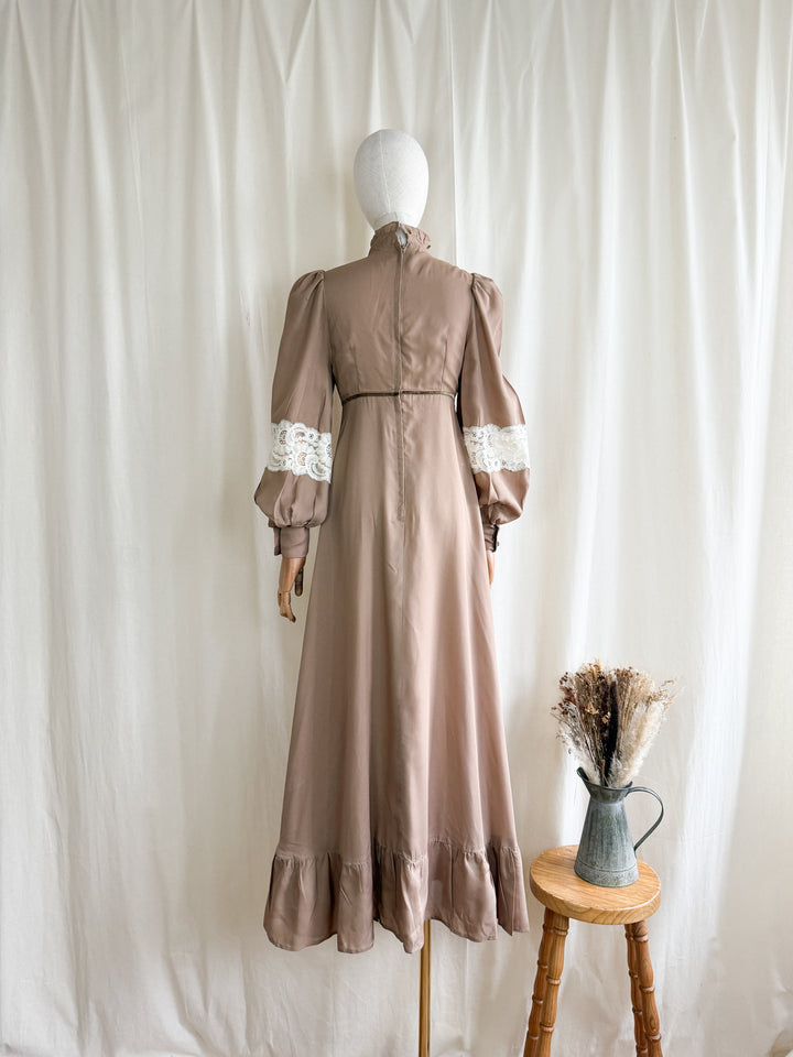 Divine 1970s soft tawny brown lace panelled victoriana maxi dress