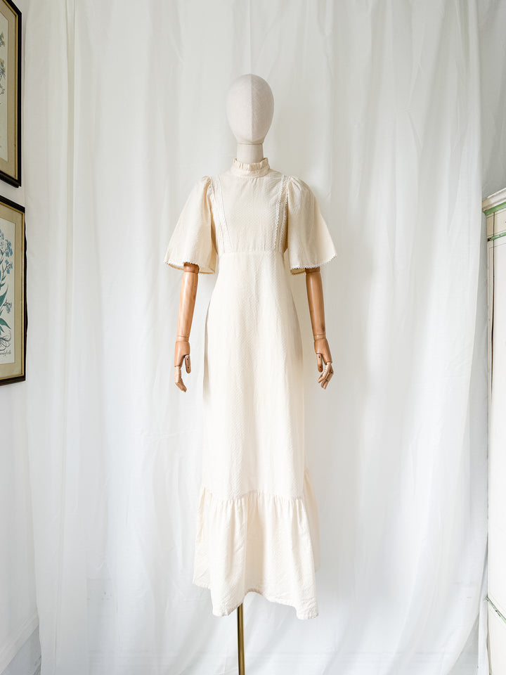 Gorgeous Angelic 1970s Soft Dobby Spot Cotton Bohemian Ivory Maxi Dress