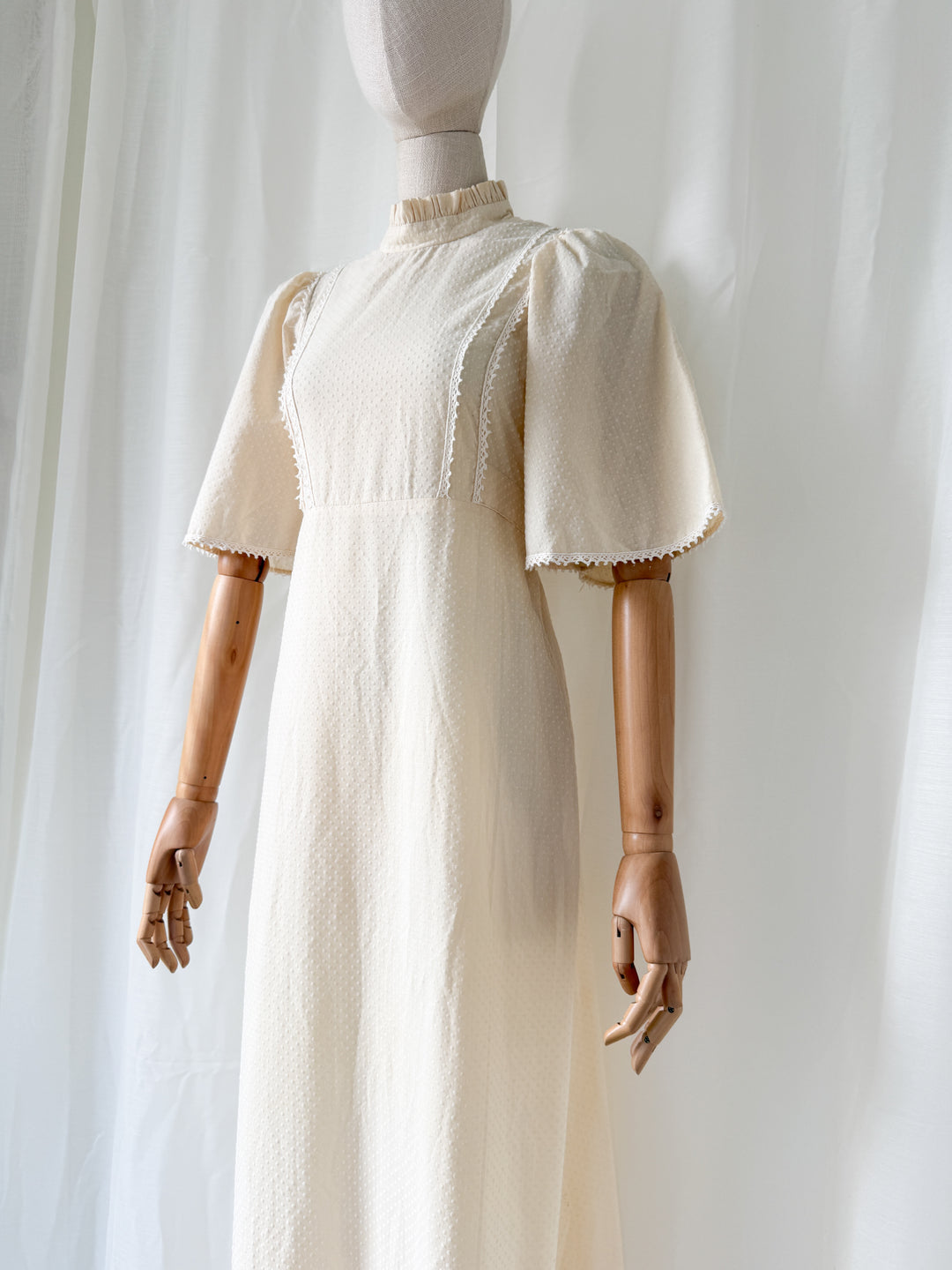 Gorgeous Angelic 1970s Soft Dobby Spot Cotton Bohemian Ivory Maxi Dress