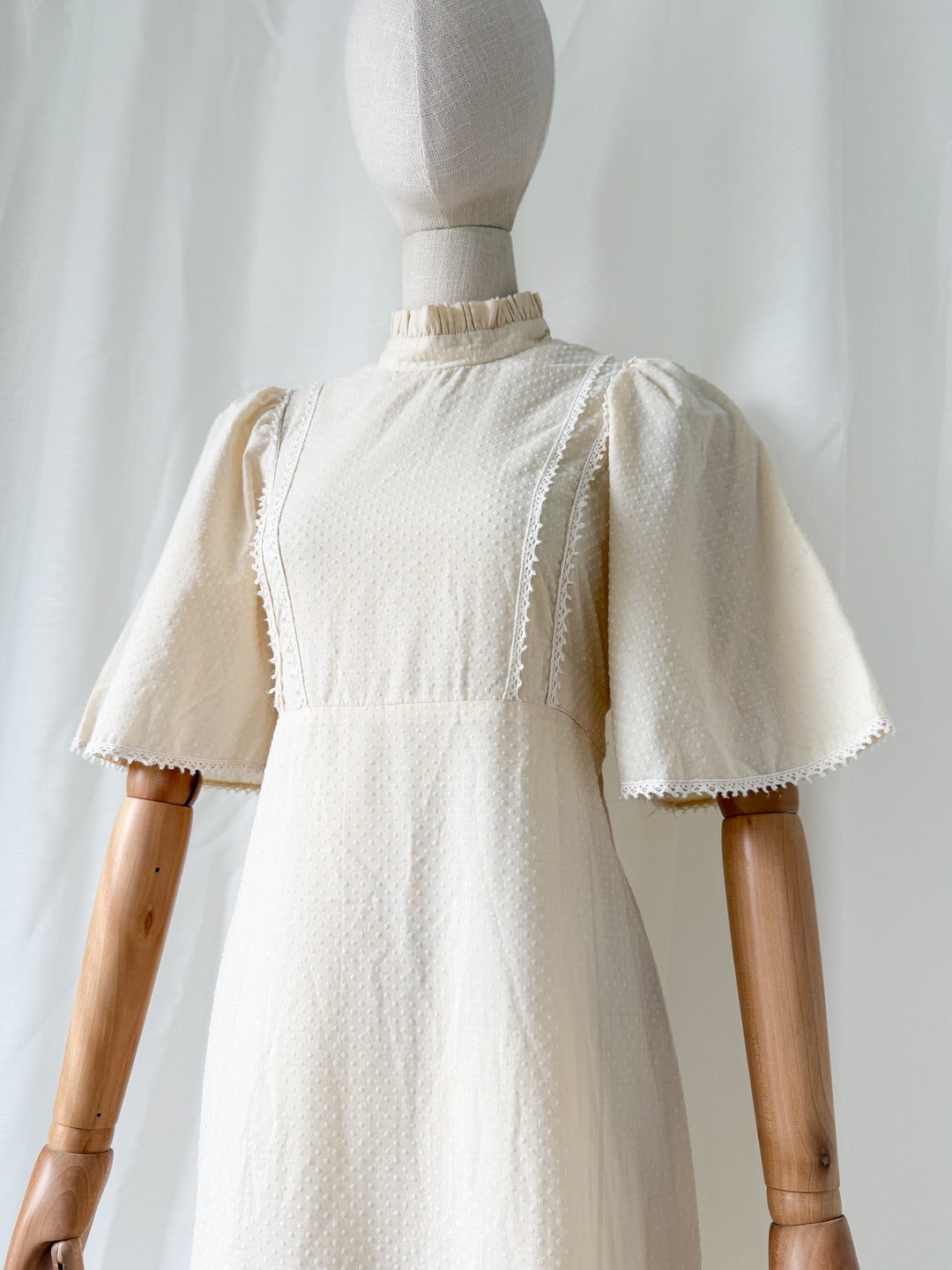 Gorgeous Angelic 1970s Soft Dobby Spot Cotton Bohemian Ivory Maxi Dress