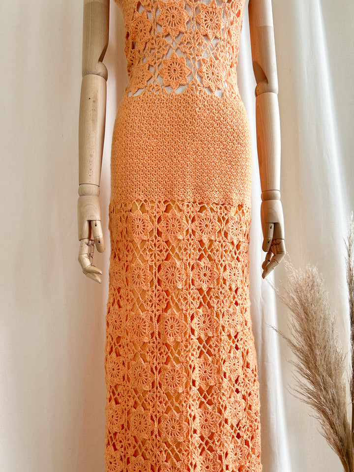 Iconic 1970s Orange Crochet Maxi Dress