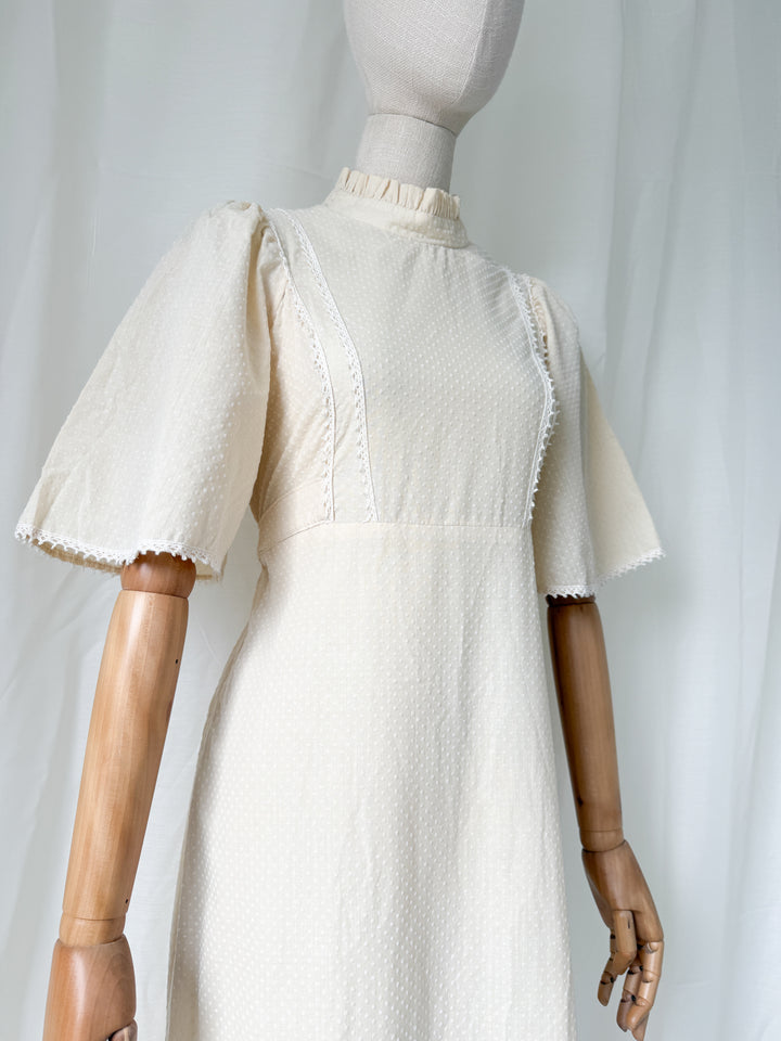 Gorgeous Angelic 1970s Soft Dobby Spot Cotton Bohemian Ivory Maxi Dress
