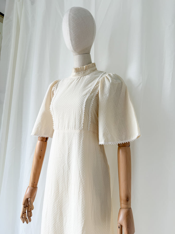 Gorgeous Angelic 1970s Soft Dobby Spot Cotton Bohemian Ivory Maxi Dress