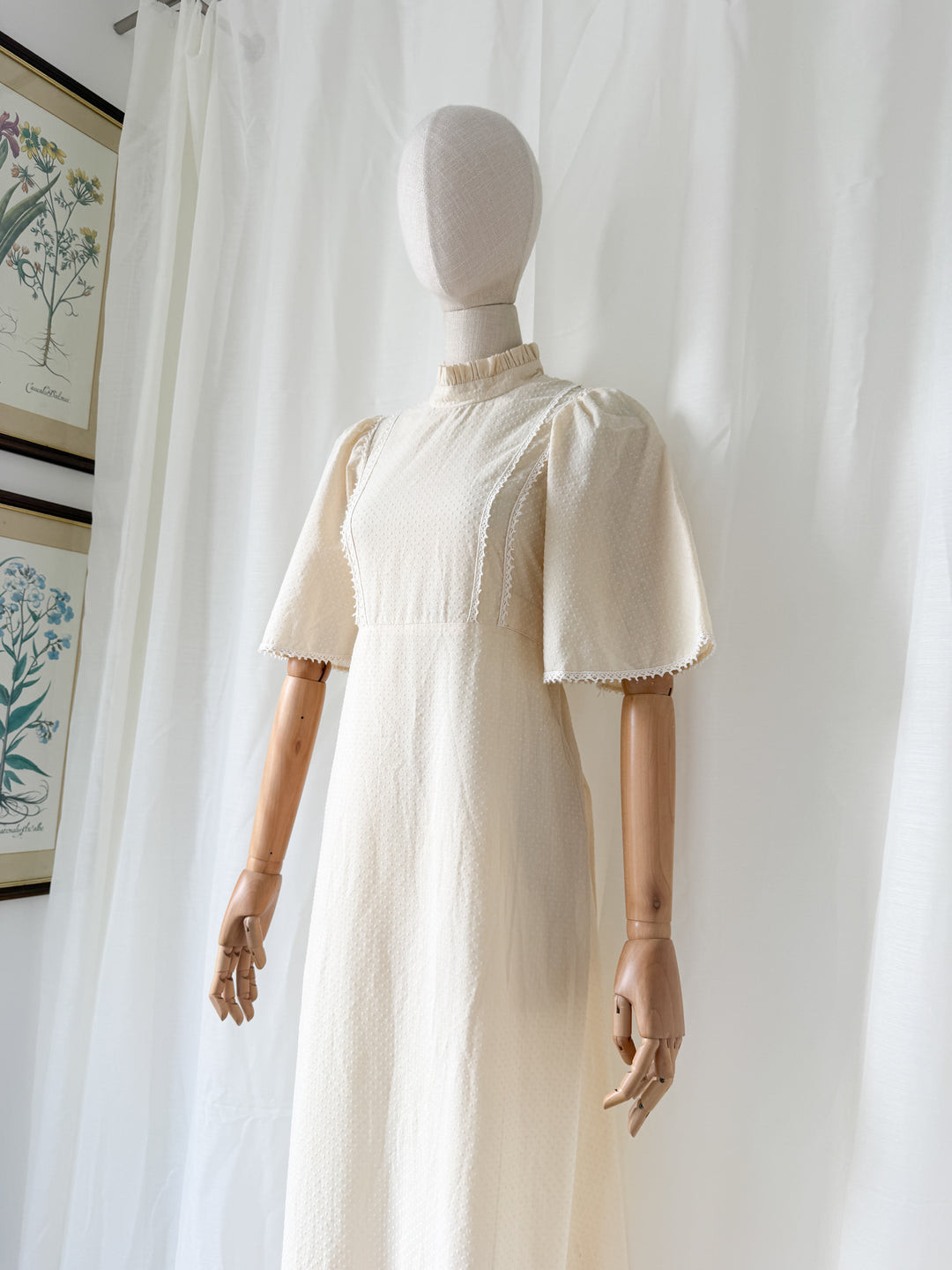 Gorgeous Angelic 1970s Soft Dobby Spot Cotton Bohemian Ivory Maxi Dress