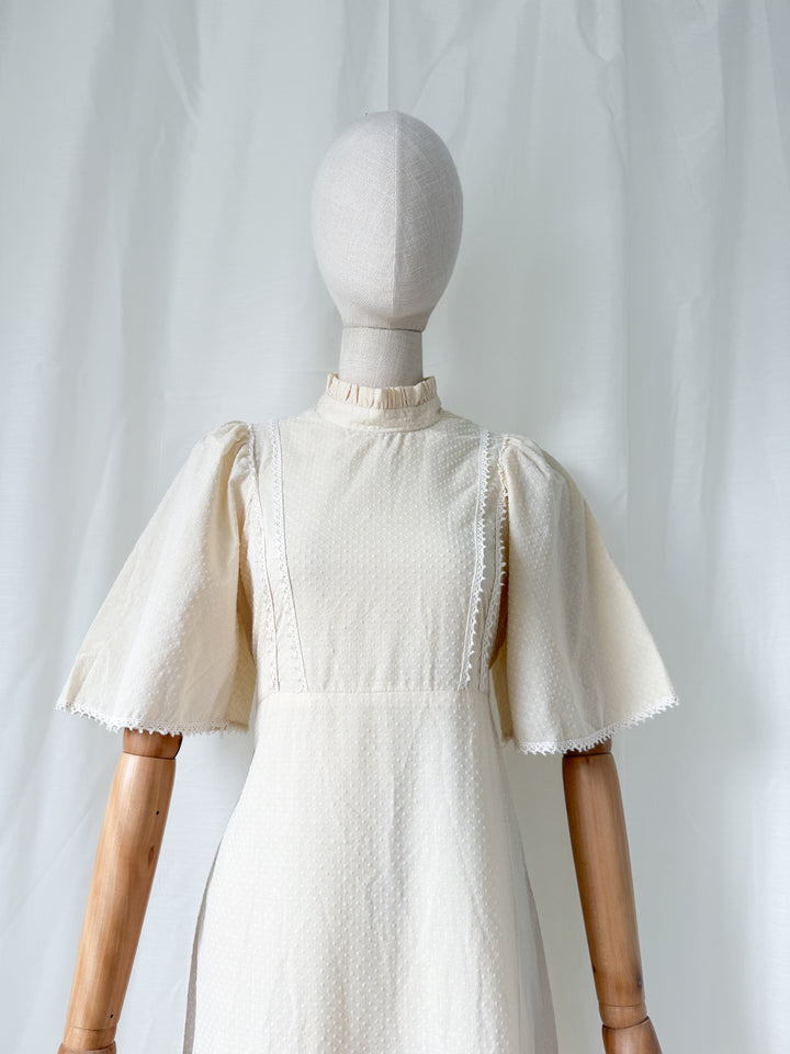 Gorgeous Angelic 1970s Soft Dobby Spot Cotton Bohemian Ivory Maxi Dress