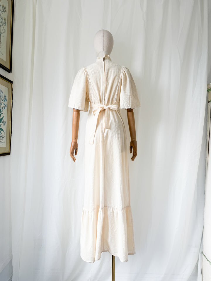 Gorgeous Angelic 1970s Soft Dobby Spot Cotton Bohemian Ivory Maxi Dress