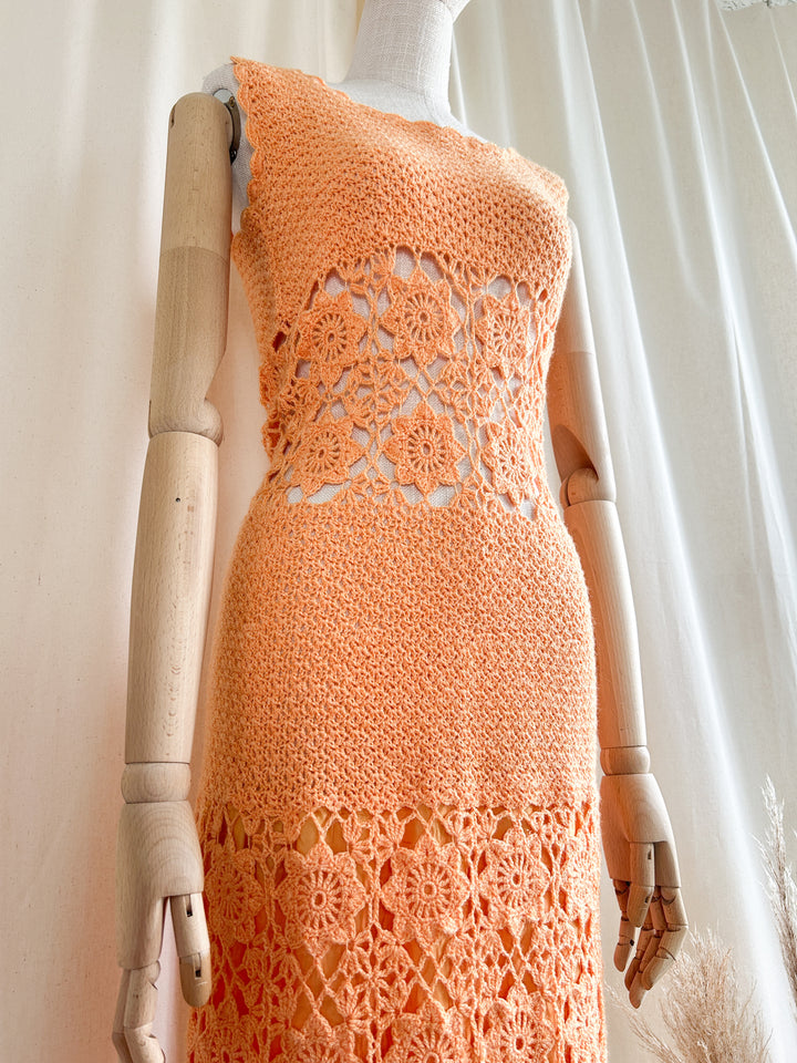 Iconic 1970s Orange Crochet Maxi Dress