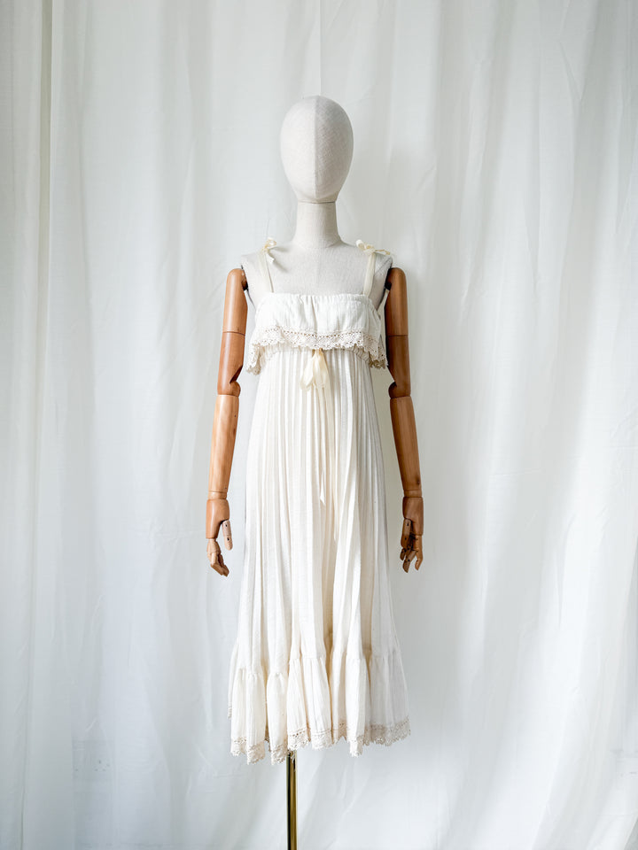 Utterly Beautiful Rare 1970s Soft Cheesecloth Pleated Bohemian Midi Dress