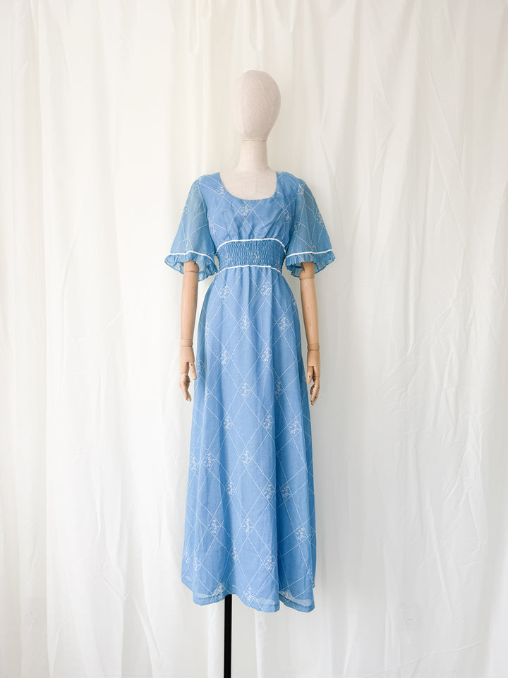 Beautiful 1970s Shirred Waist Flutter Sleeve Cotton Maxi Dress