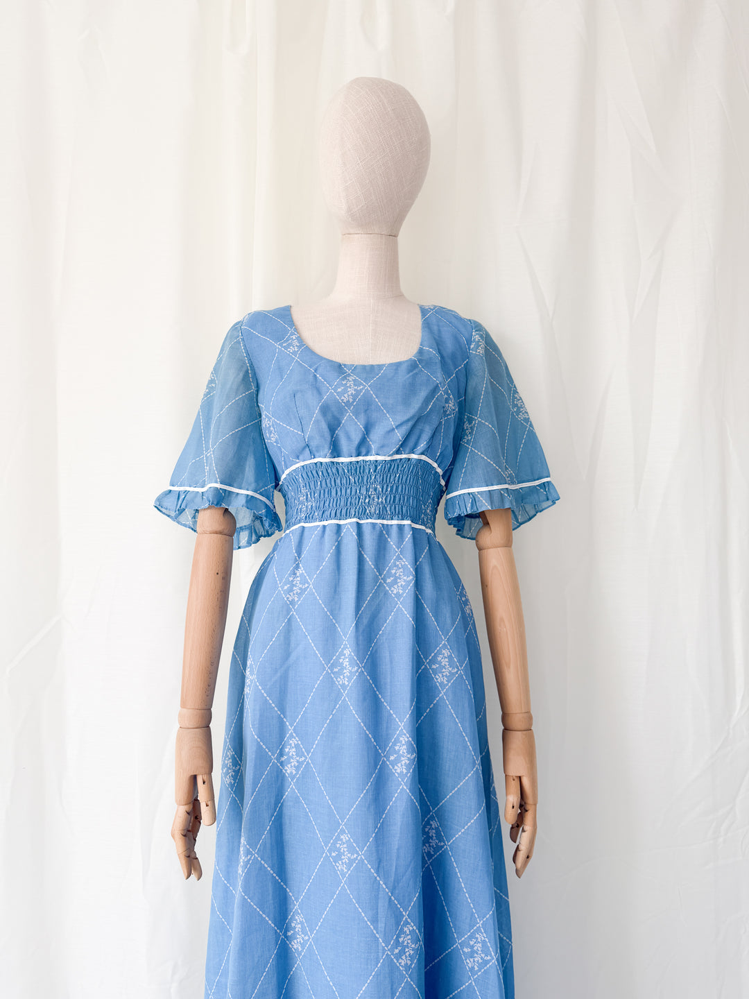Beautiful 1970s Shirred Waist Flutter Sleeve Cotton Maxi Dress