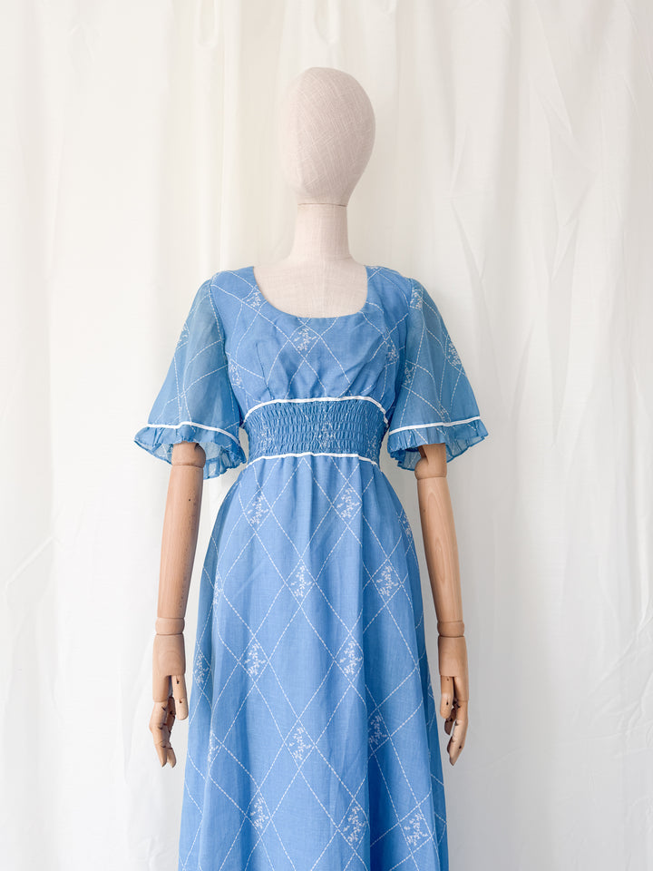 Beautiful 1970s Shirred Waist Flutter Sleeve Cotton Maxi Dress