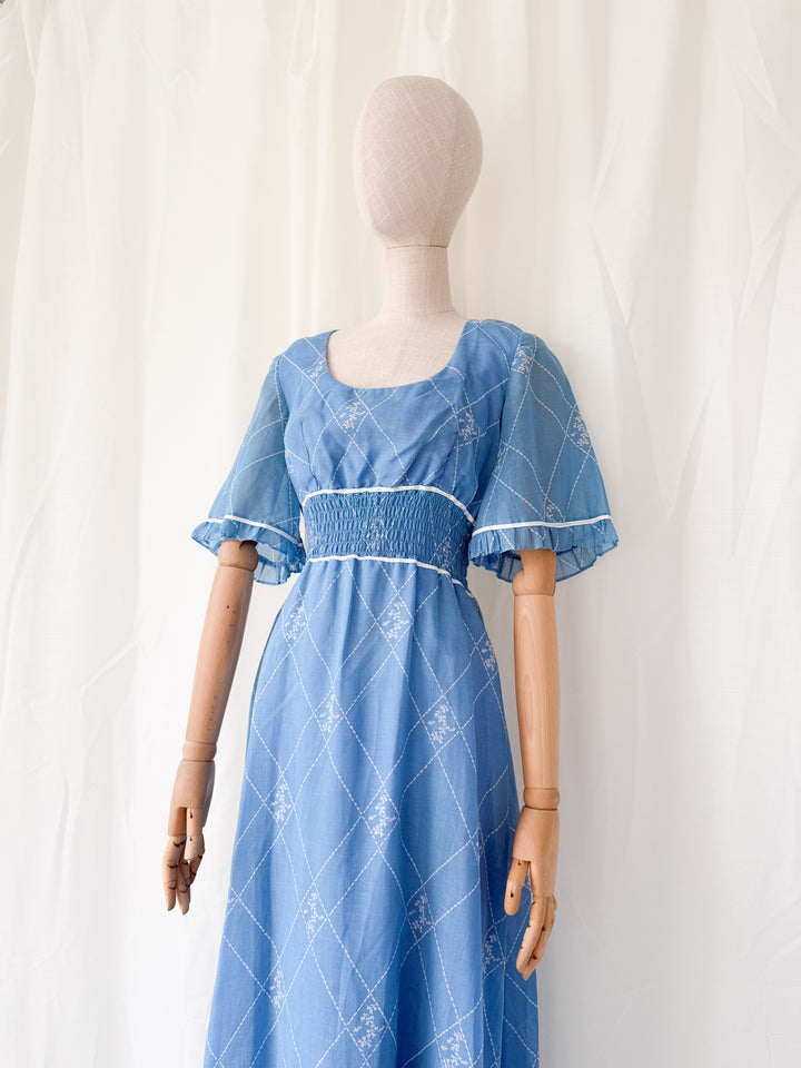 Beautiful 1970s Shirred Waist Flutter Sleeve Cotton Maxi Dress