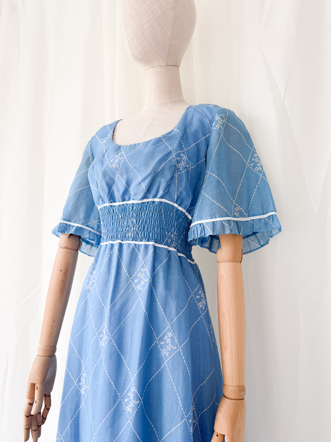 Beautiful 1970s Shirred Waist Flutter Sleeve Cotton Maxi Dress