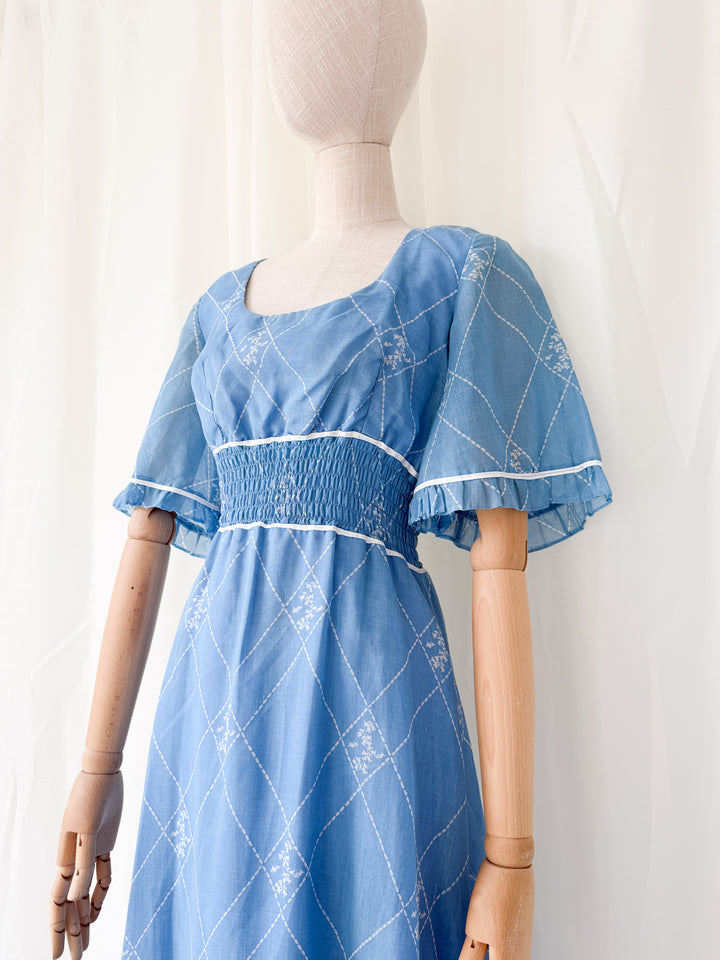 Beautiful 1970s Shirred Waist Flutter Sleeve Cotton Maxi Dress