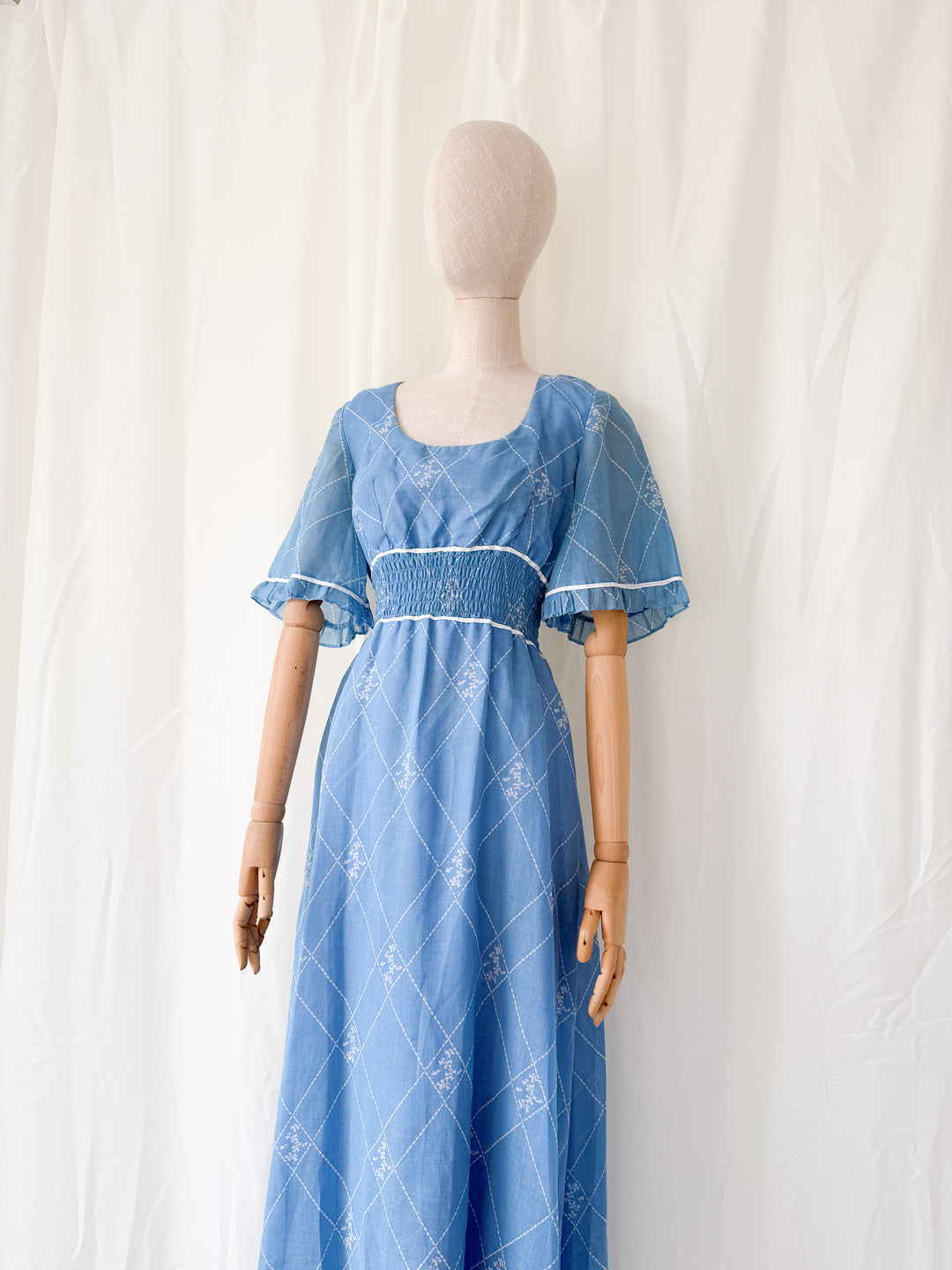 Beautiful 1970s Shirred Waist Flutter Sleeve Cotton Maxi Dress