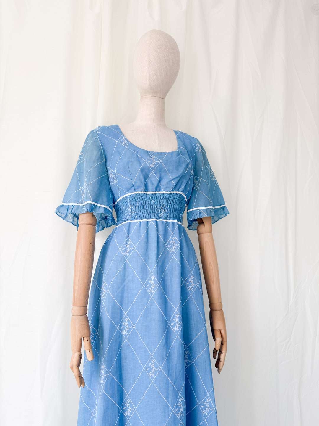 Beautiful 1970s Shirred Waist Flutter Sleeve Cotton Maxi Dress
