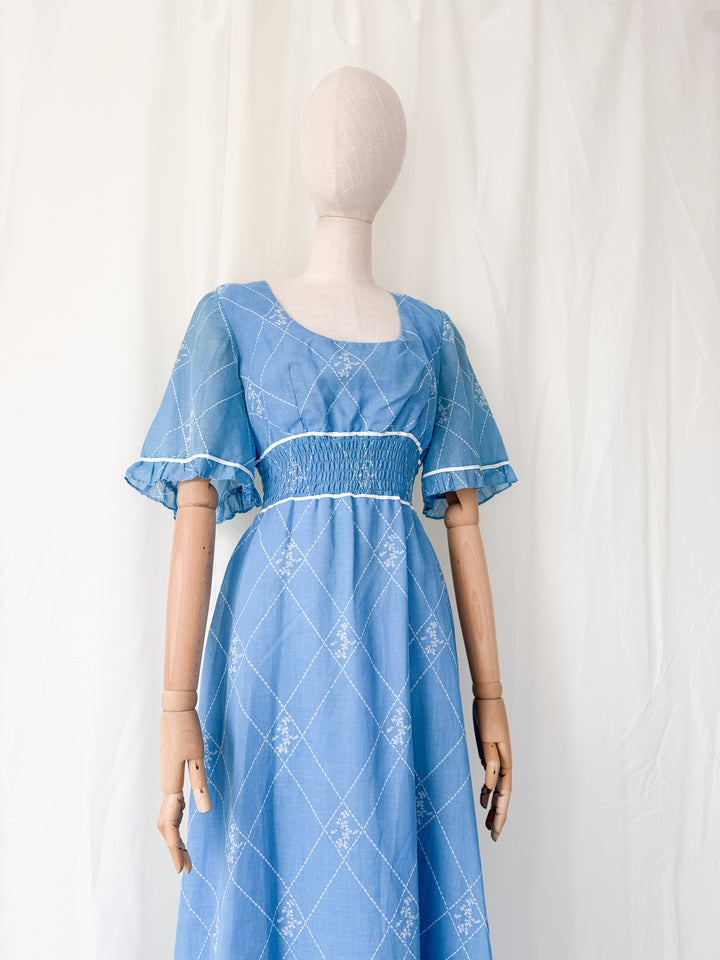 Beautiful 1970s Shirred Waist Flutter Sleeve Cotton Maxi Dress