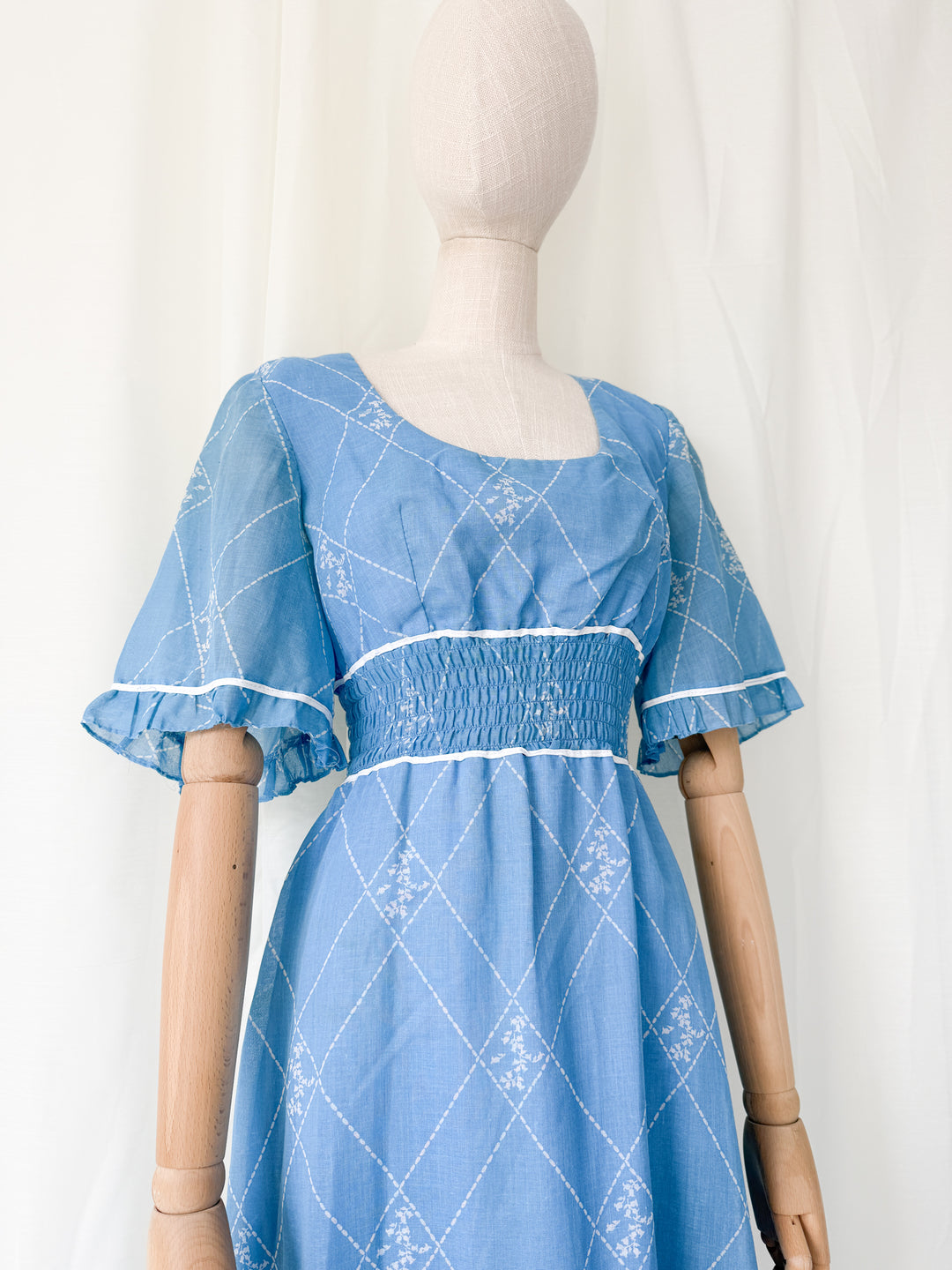 Beautiful 1970s Shirred Waist Flutter Sleeve Cotton Maxi Dress