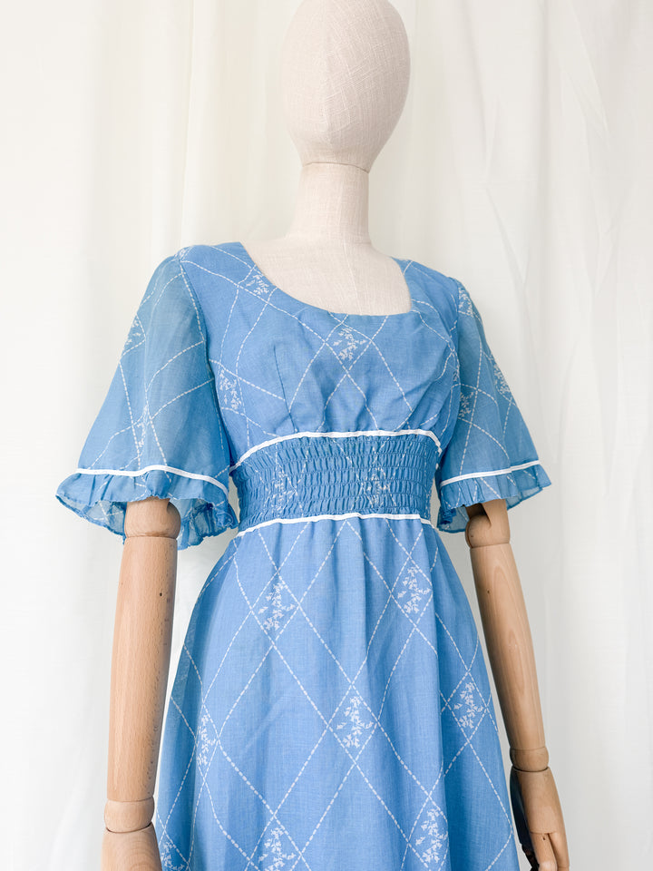 Beautiful 1970s Shirred Waist Flutter Sleeve Cotton Maxi Dress