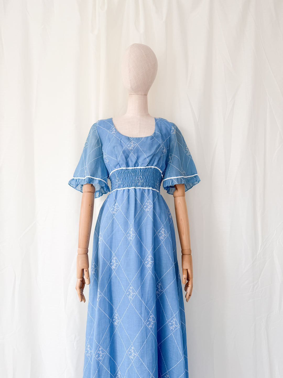 Beautiful 1970s Shirred Waist Flutter Sleeve Cotton Maxi Dress