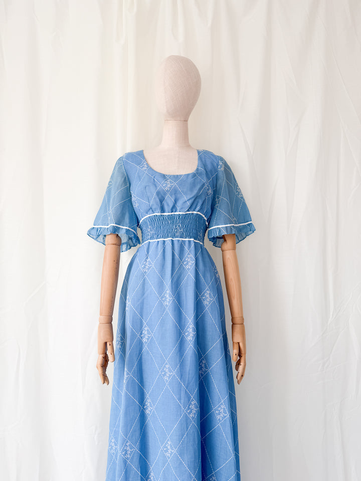 Beautiful 1970s Shirred Waist Flutter Sleeve Cotton Maxi Dress
