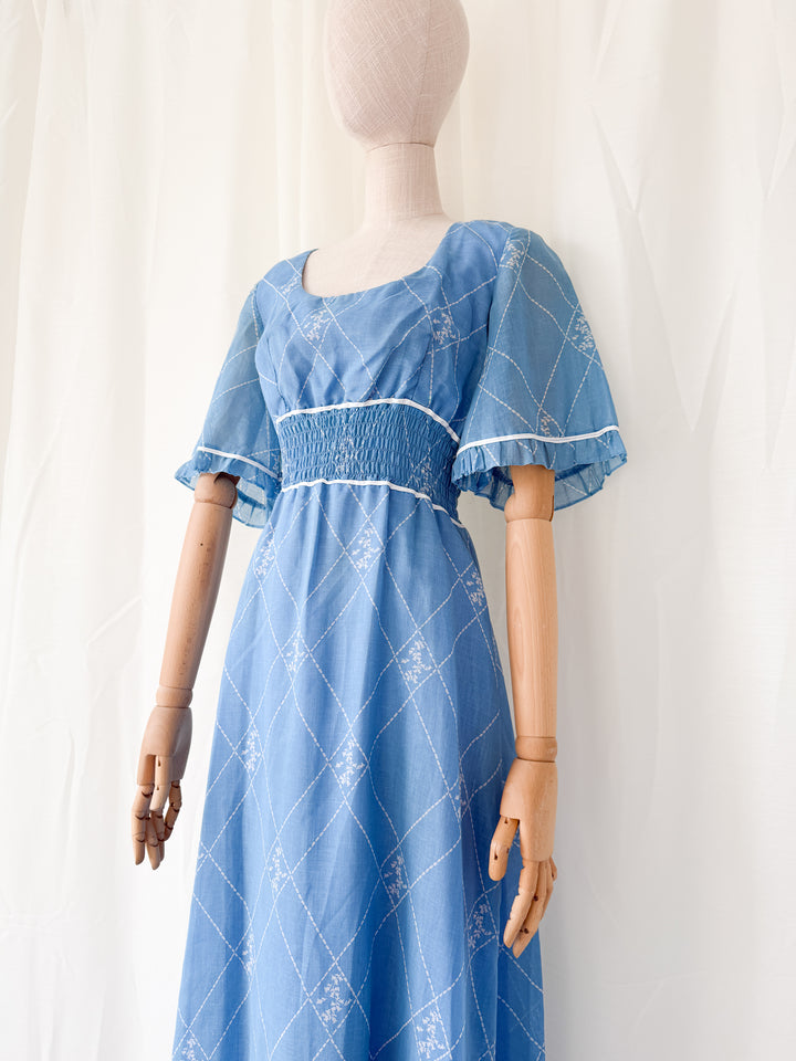 Beautiful 1970s Shirred Waist Flutter Sleeve Cotton Maxi Dress