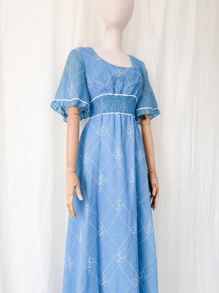 Beautiful 1970s Shirred Waist Flutter Sleeve Cotton Maxi Dress