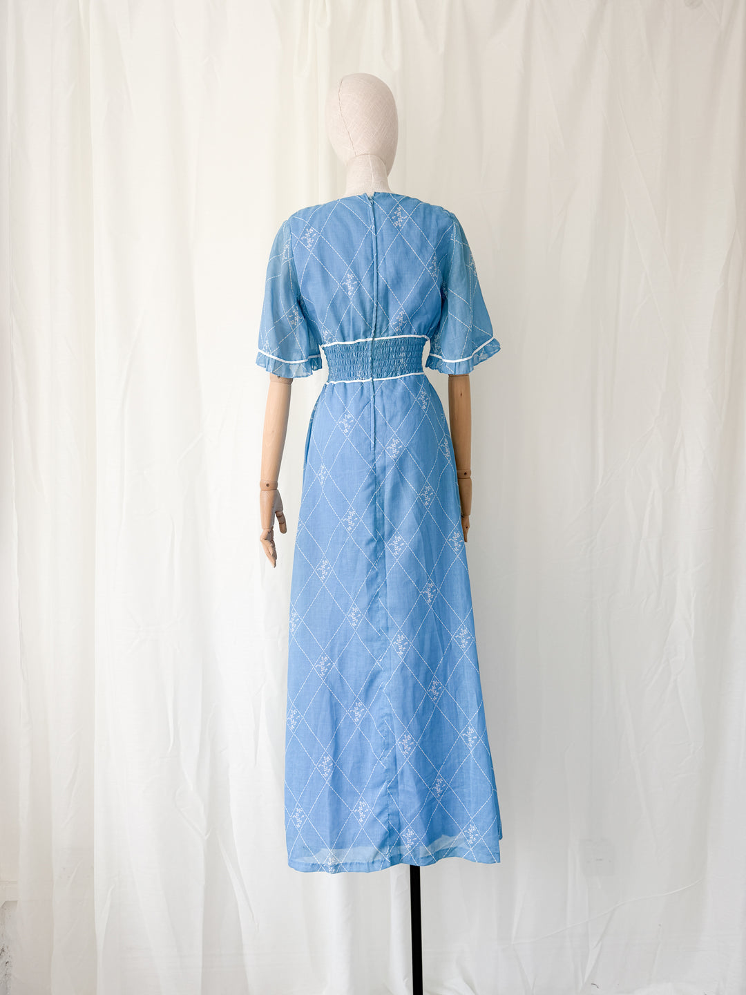 Beautiful 1970s Shirred Waist Flutter Sleeve Cotton Maxi Dress