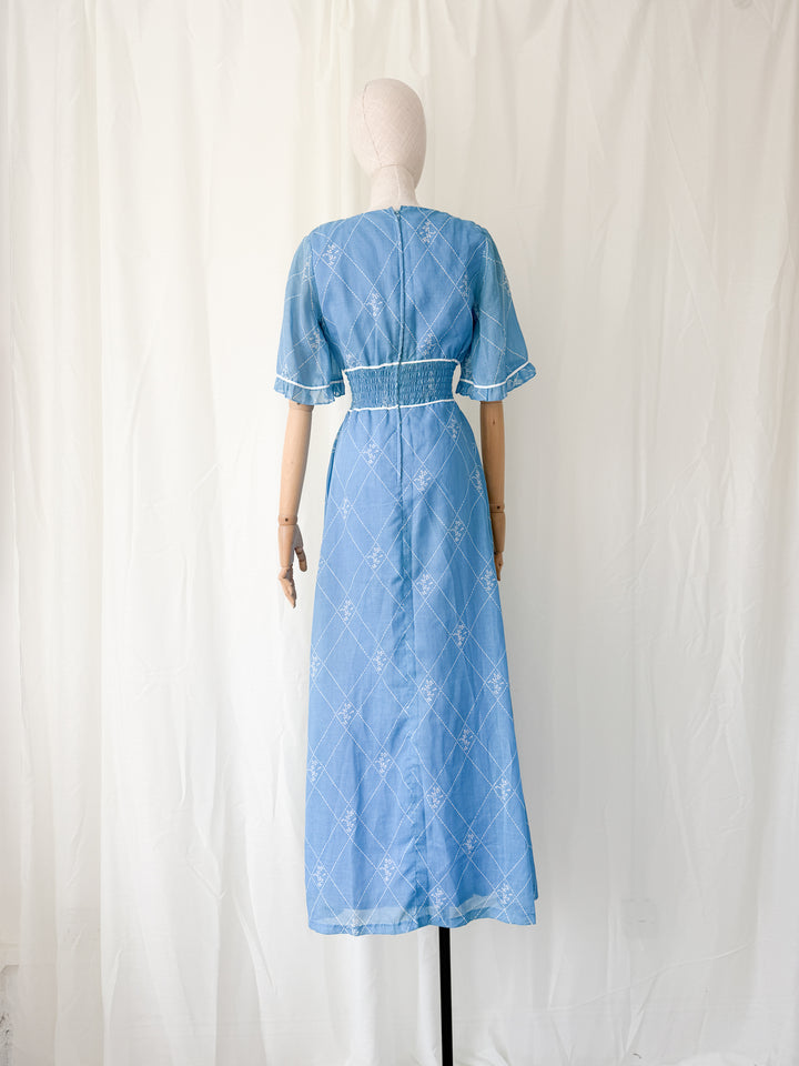 Beautiful 1970s Shirred Waist Flutter Sleeve Cotton Maxi Dress