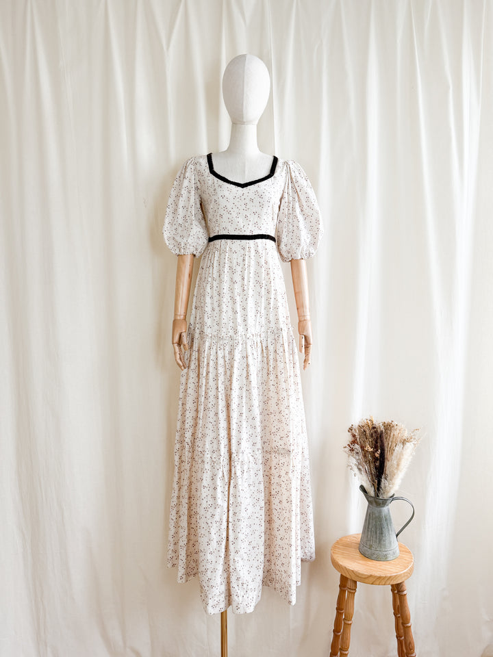 Divine One of a Kind 1970s Soft Cream Velvet Trim Cotton Prairie Maxi Dress