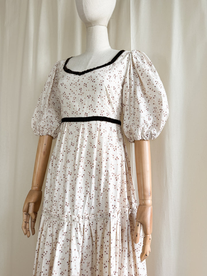 Divine One of a Kind 1970s Soft Cream Velvet Trim Cotton Prairie Maxi Dress