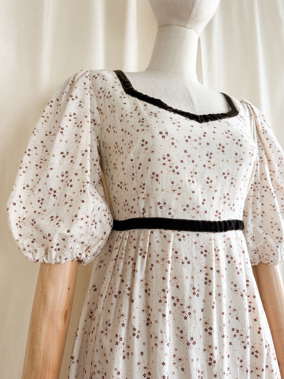Divine One of a Kind 1970s Soft Cream Velvet Trim Cotton Prairie Maxi Dress