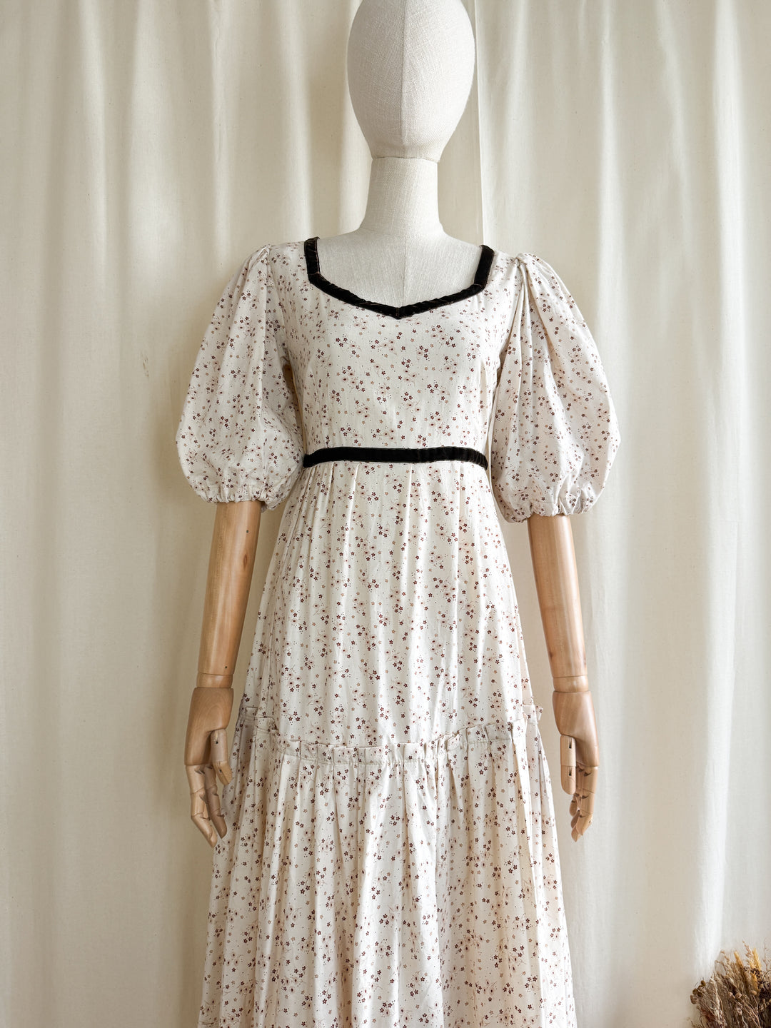 Divine One of a Kind 1970s Soft Cream Velvet Trim Cotton Prairie Maxi Dress