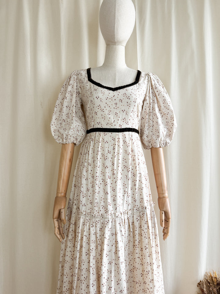 Divine One of a Kind 1970s Soft Cream Velvet Trim Cotton Prairie Maxi Dress