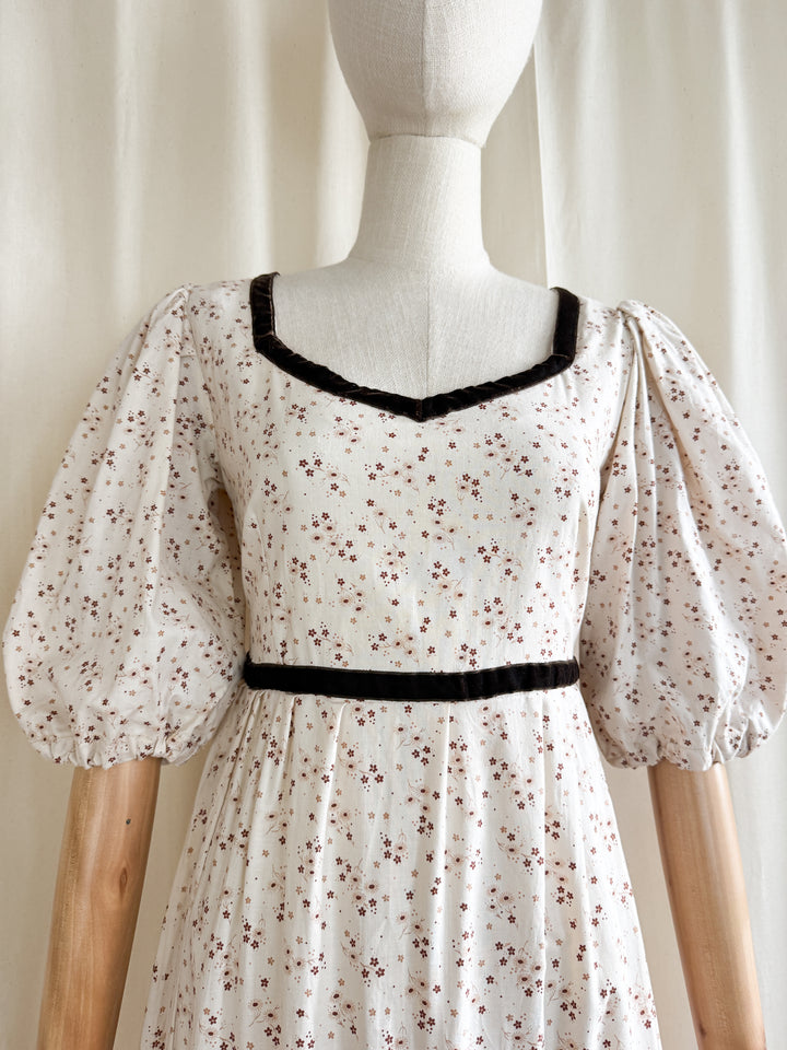 Divine One of a Kind 1970s Soft Cream Velvet Trim Cotton Prairie Maxi Dress