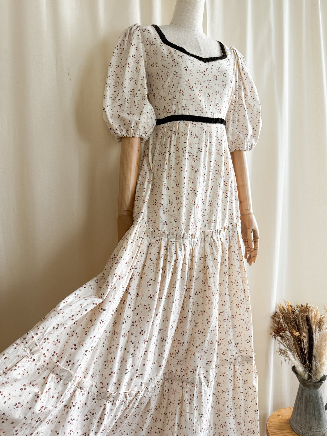 Divine One of a Kind 1970s Soft Cream Velvet Trim Cotton Prairie Maxi Dress