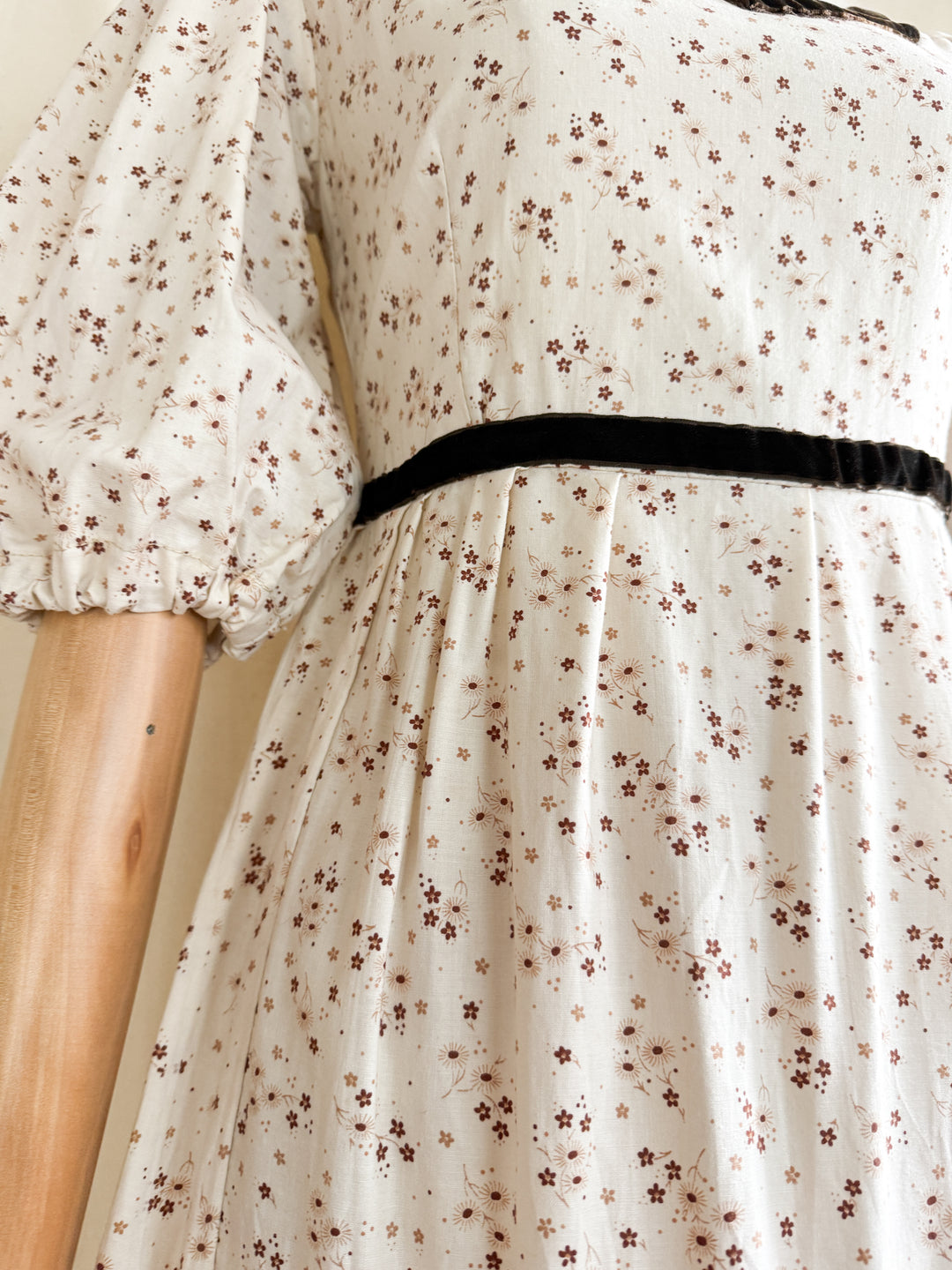Divine One of a Kind 1970s Soft Cream Velvet Trim Cotton Prairie Maxi Dress