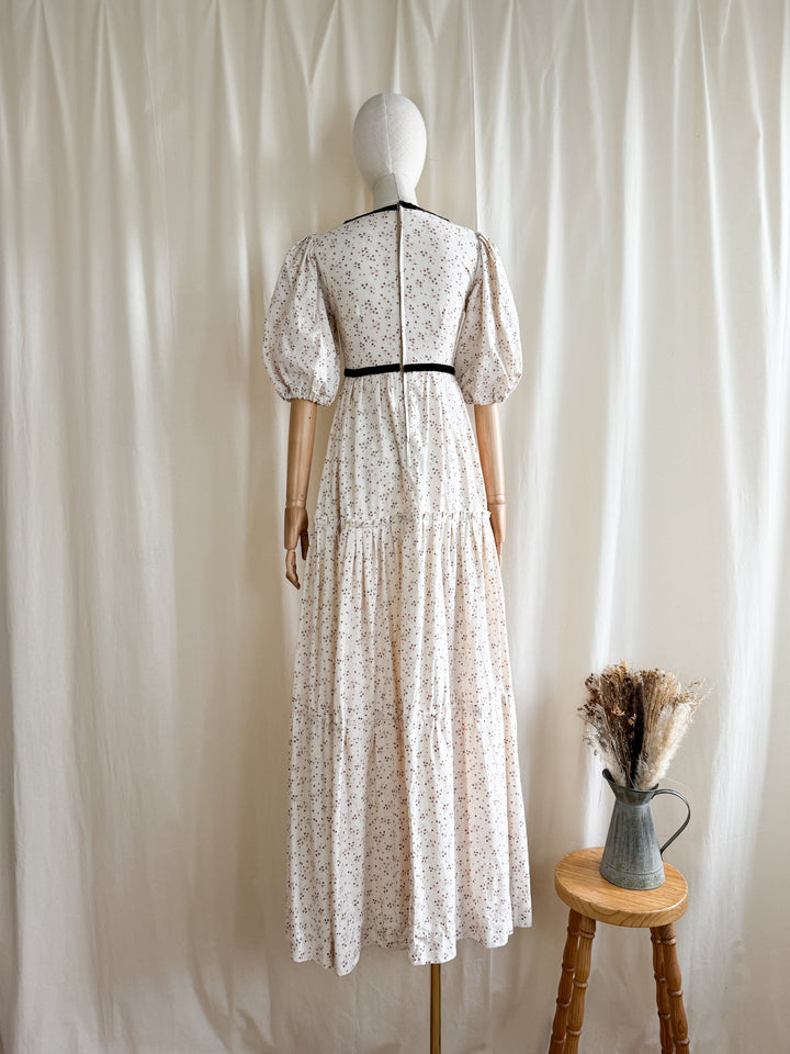 Divine One of a Kind 1970s Soft Cream Velvet Trim Cotton Prairie Maxi Dress