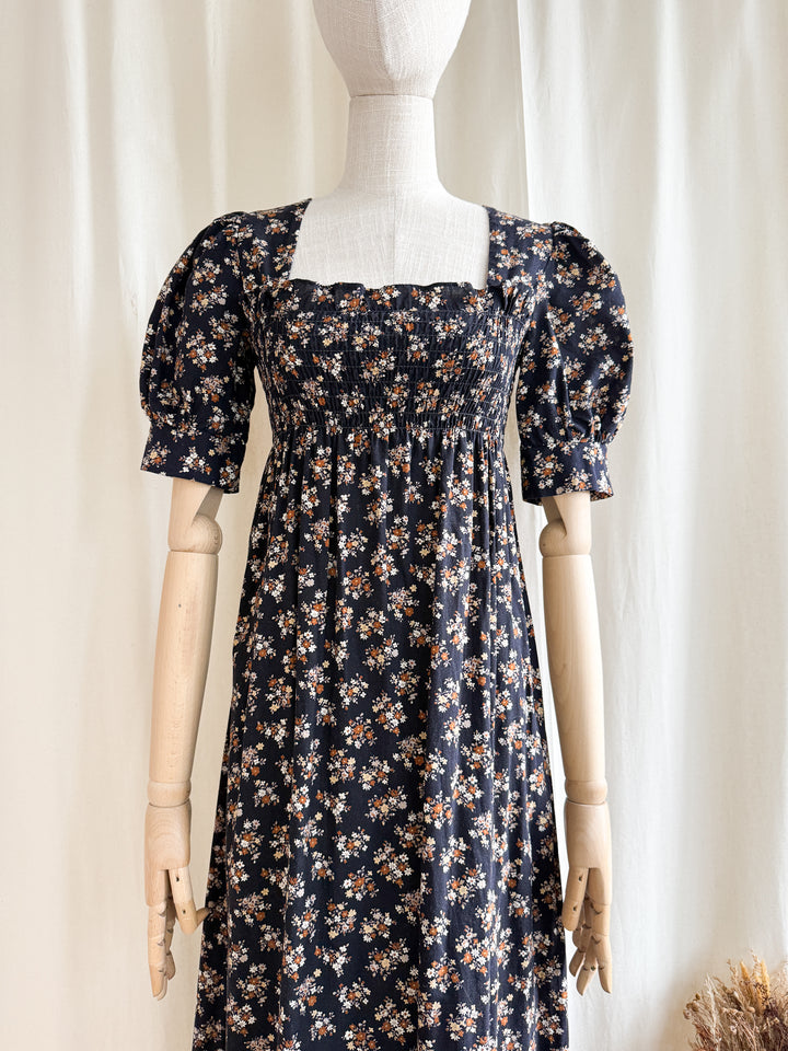 Adorable 1970s Brown Floral Cotton Shirred Puff Sleeve Cotton Maxi Dress