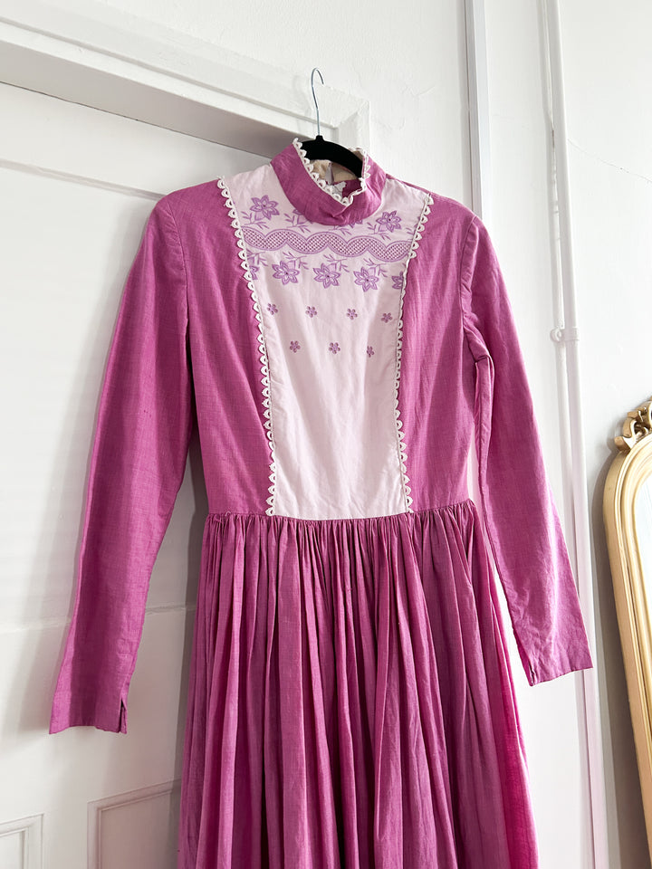 ROMANTIC PINK 1970S COTTON PRAIRIE DRESS APPROX UK SIZE 8 SMALL WAISTED 10