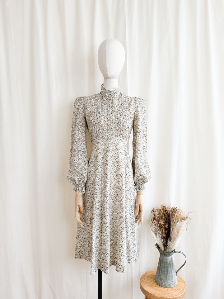 Cute 1970s Mr Darren Soft Brown Floral Cotton Prairie Midi Dress