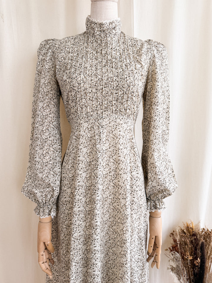 Cute 1970s Mr Darren Soft Brown Floral Cotton Prairie Midi Dress