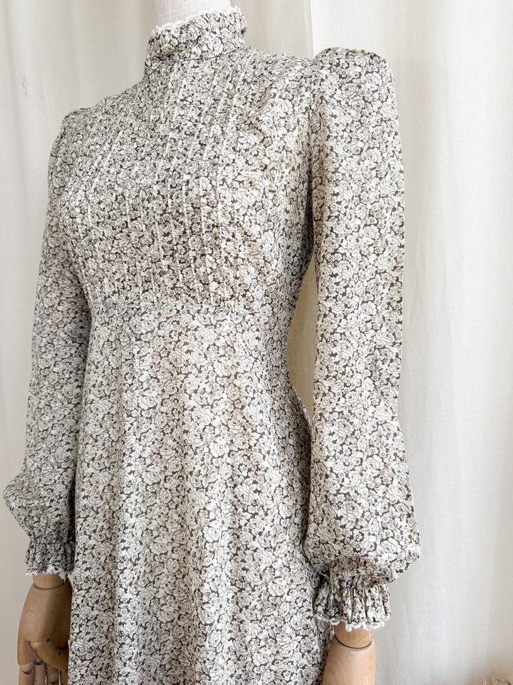 Cute 1970s Mr Darren Soft Brown Floral Cotton Prairie Midi Dress