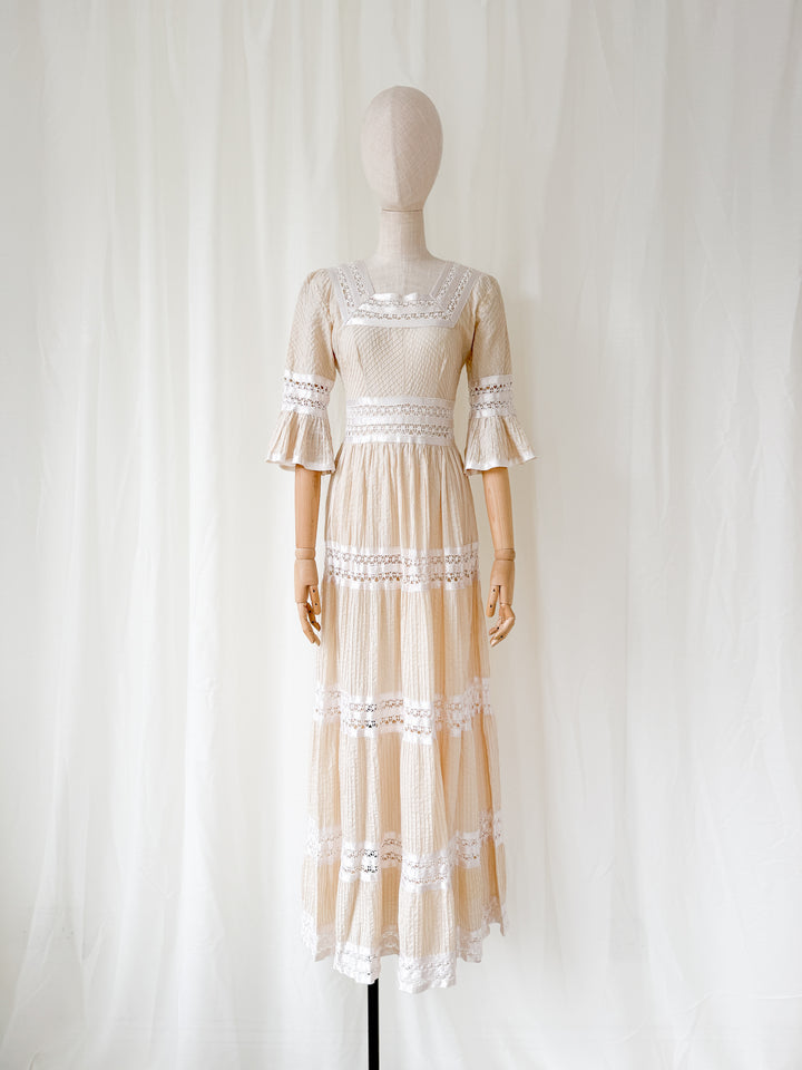 Precious Holy Grail 1970s Cotton & Lace Mexican Maxi Dress