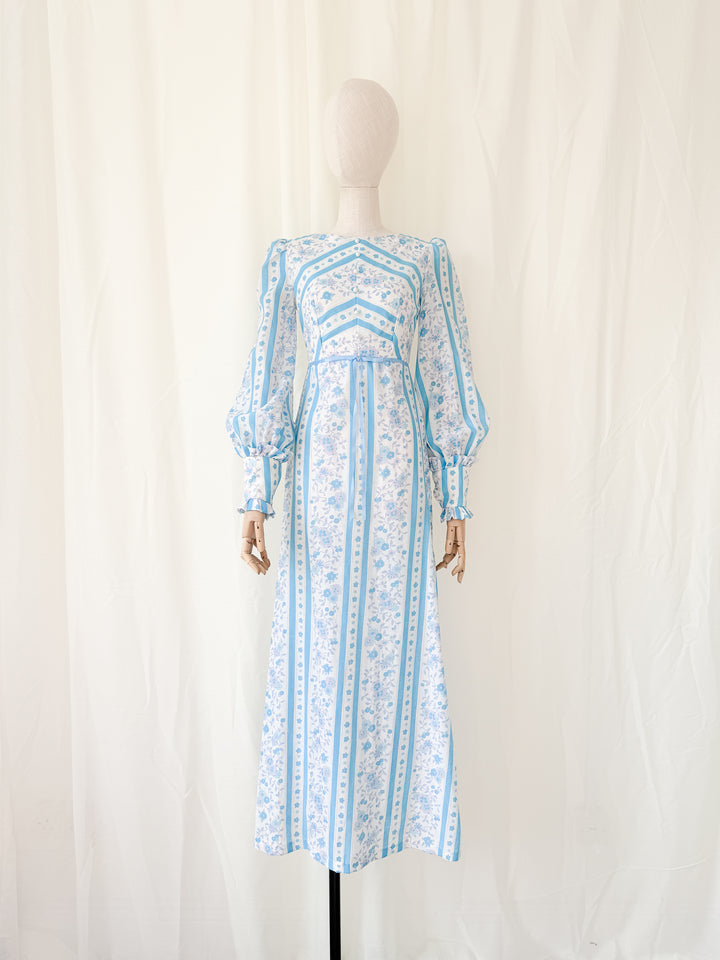 Gorgeous 1970s Chintz Stripe Floral Cotton Maxi Dress