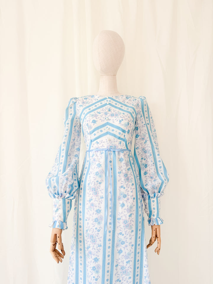 Gorgeous 1970s Chintz Stripe Floral Cotton Maxi Dress