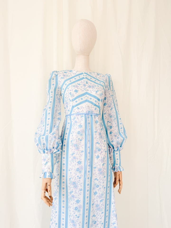 Gorgeous 1970s Chintz Stripe Floral Cotton Maxi Dress