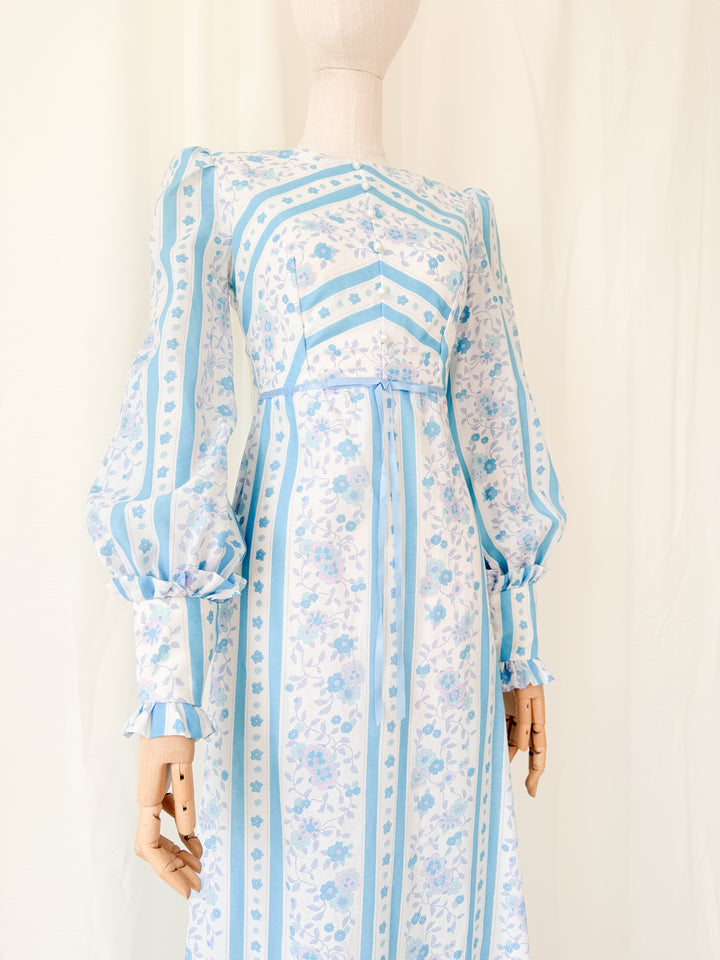 Gorgeous 1970s Chintz Stripe Floral Cotton Maxi Dress