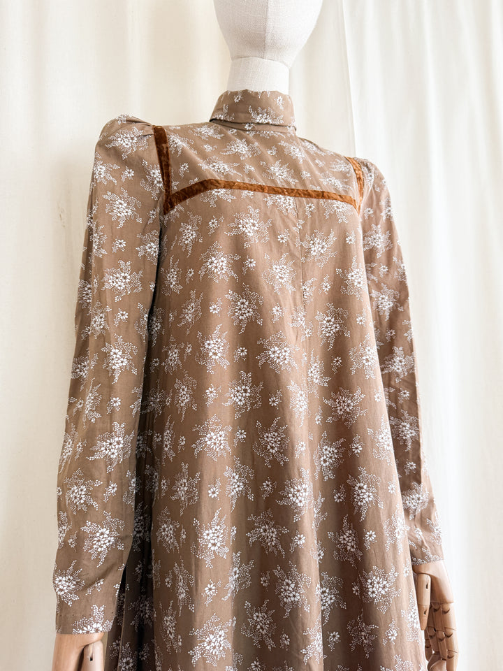 Gorgeous 1970s Tan Brown Floral Soft Cotton Velvet Trim Prairie Maxi Dress