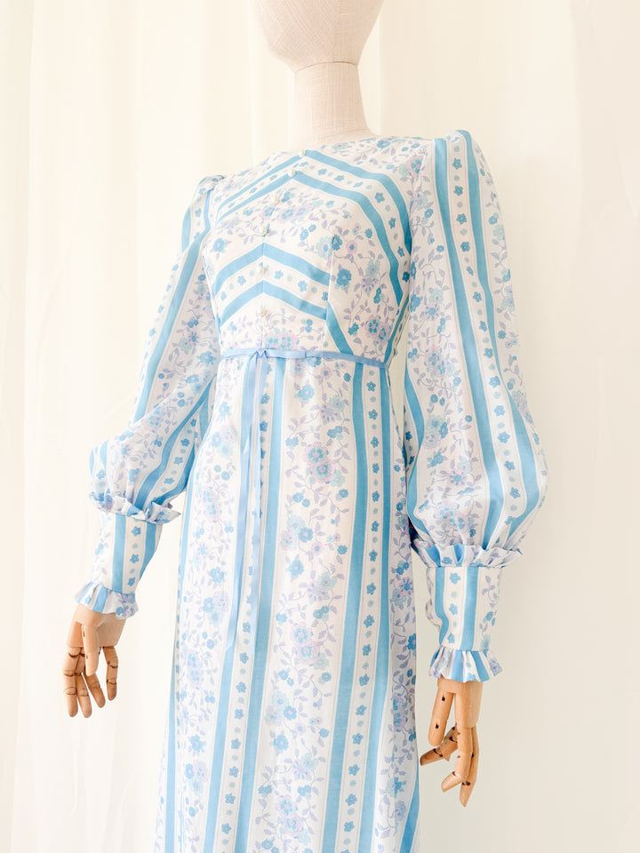 Gorgeous 1970s Chintz Stripe Floral Cotton Maxi Dress